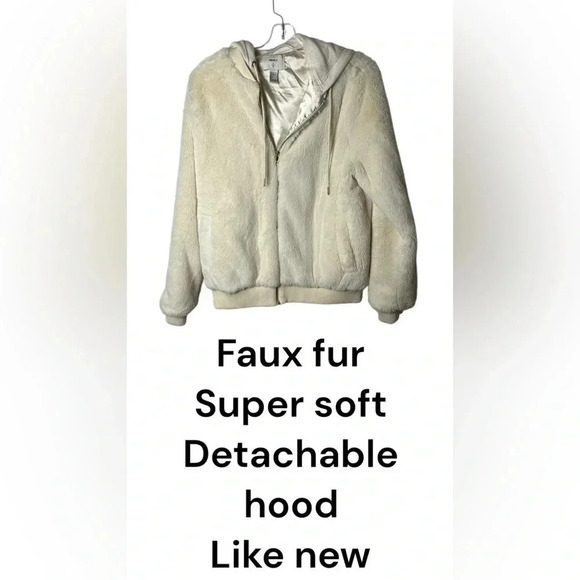 Faux  fur bomber jacket hoodie, zipper, LIKE NEW, cream,detachable hood,mob wife - Picture 1 of 14